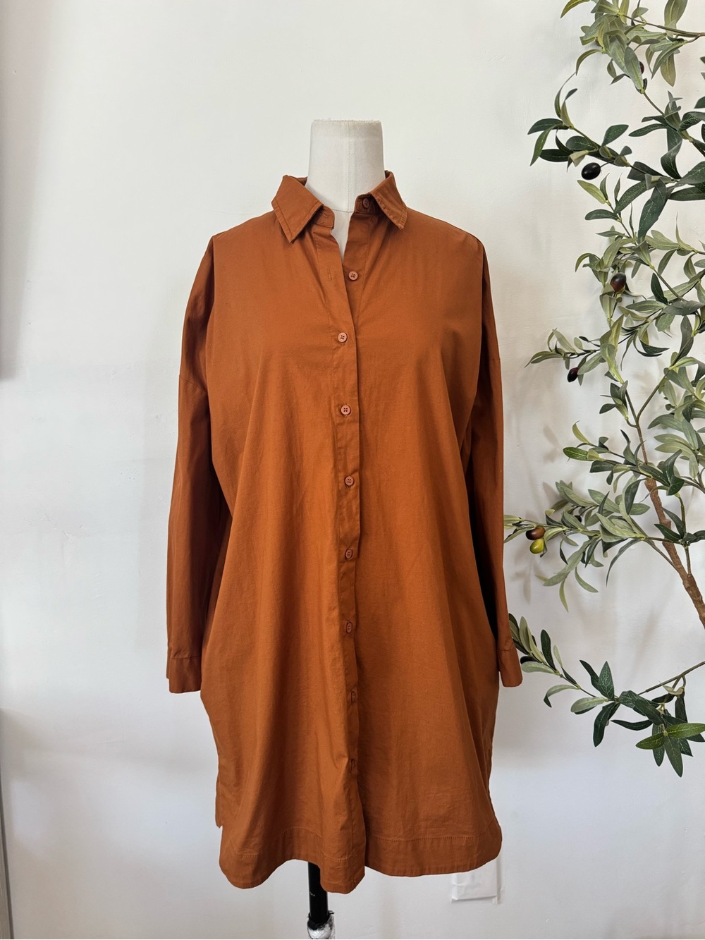 Déluc Rust Cotton Stretch Button Front Shirt Dress Tunic Pockets Size‎ M